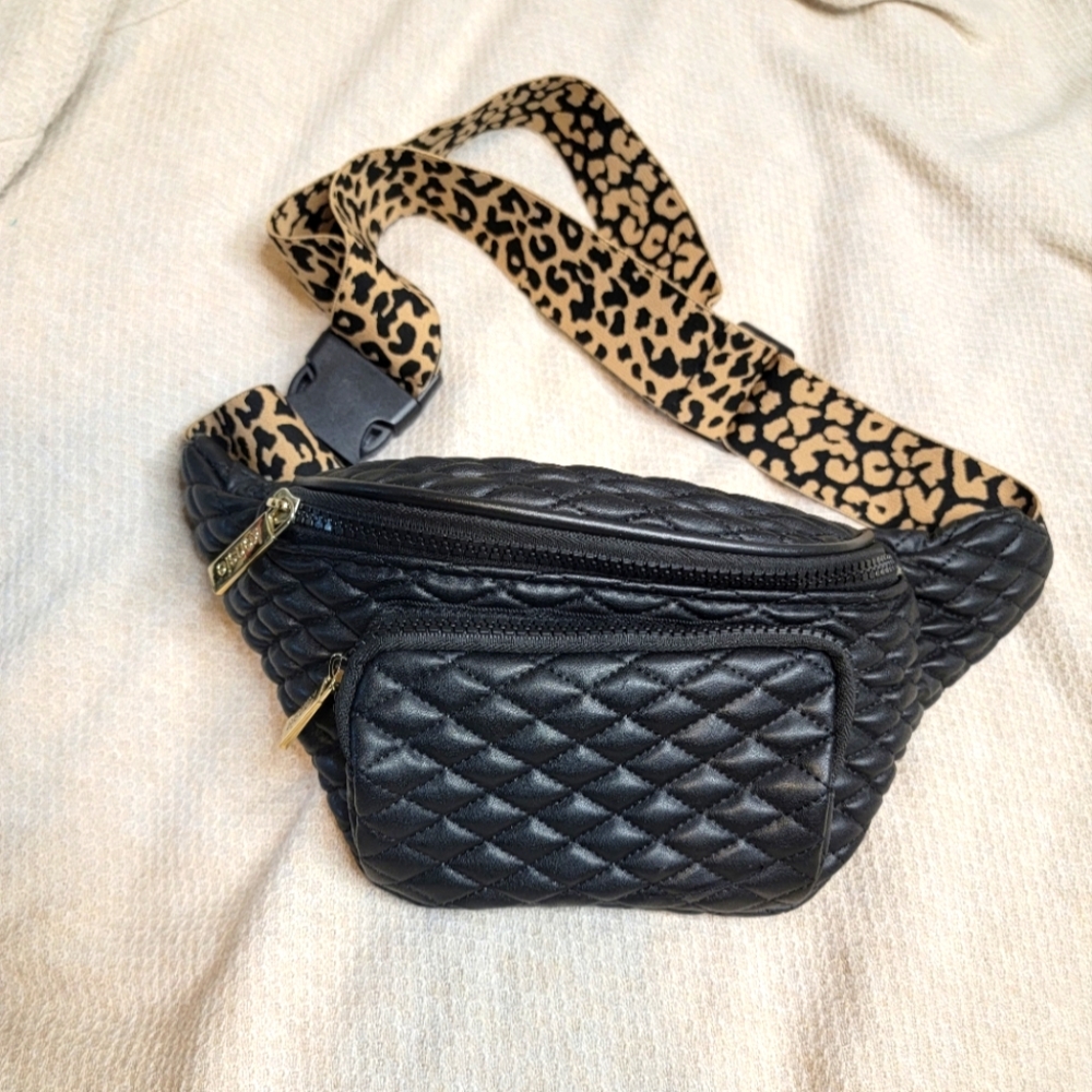 Quilted Black Waist Bag with Leopard Strap